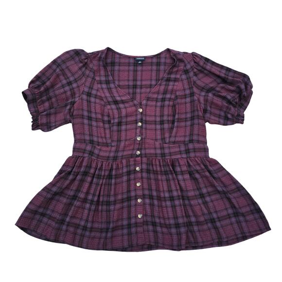Plaid Babydoll Top Torrid Plus Size 2X Smocked Puff Sleeve Button Stretch Gauze - Picture 9 of 9